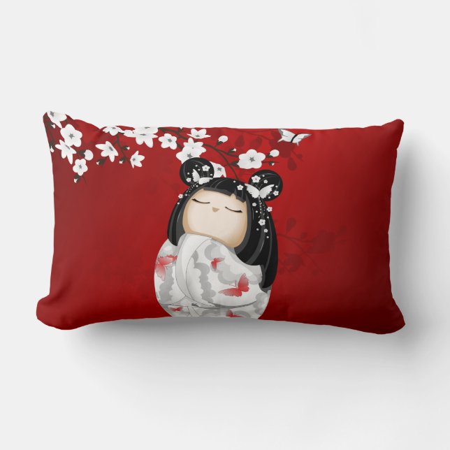 Coussin Rectangle Poupée Kokeshi Rouge Noir Blanc Cerisier Fleurs (Recto)