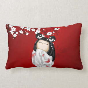 Coussin Rectangle Poupée Kokeshi Rouge Noir Blanc Cerisier Fleurs