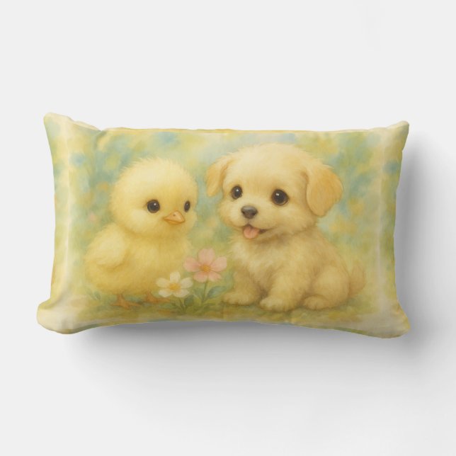 Coussin Rectangle  Poussin et chiot, aquarelle de Natasha Us   (Recto)