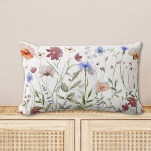 Coussin Rectangle Prairie de fleurs sauvages colorées à l'aquarelle