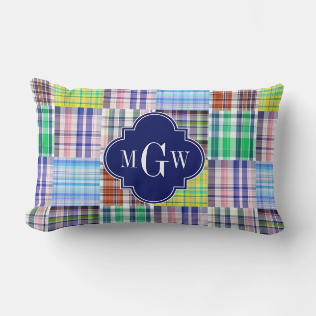 Coussin Rectangle Preppy Patchwork Madras Navy Quatrefoil Monogramme (Recto)