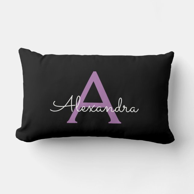 Coussin Rectangle Purple Black Script Girl Nom du monogramme (Recto)