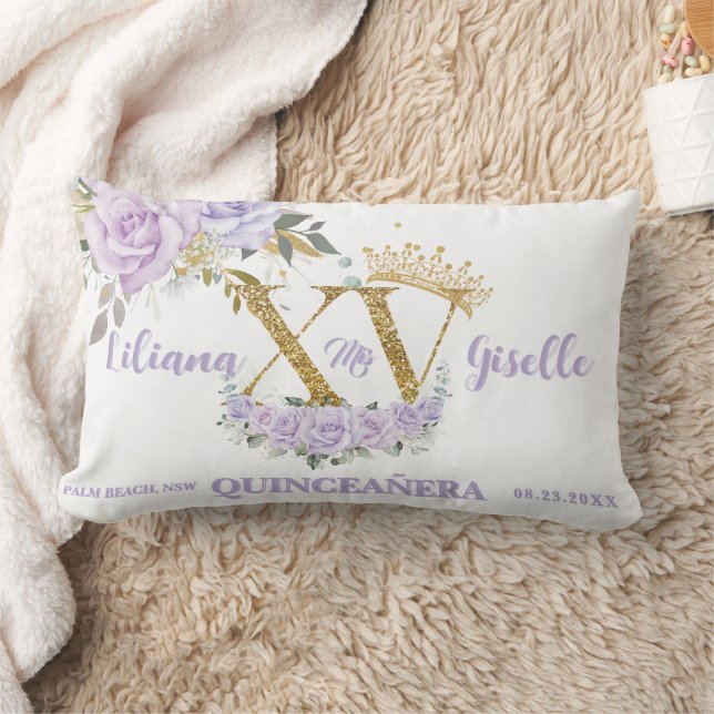 Coussin Rectangle Purple Lilac Floral XV QUINCEAÑERA Quince Keepsaké (Couverture)