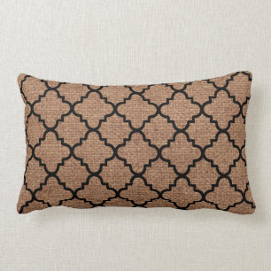 Coussin Rectangle Quatrefoil noir sur la toile de jute rustique -