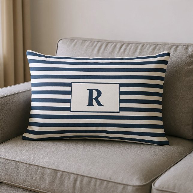 Coussin Rectangle Rayures Bleu/Blanc Monogrammées (Créateur téléchargé)