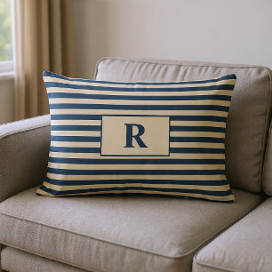 Coussin Rectangle Rayures Bleu/Vanille Monogrammées