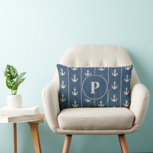 Coussin Rectangle Rayures d'ancre marine et de corde Monogramme