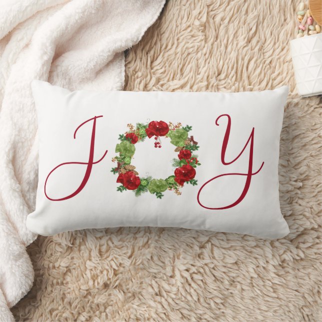 Coussin Rectangle Red and Green JOY Wreath Ajouter le nom Noël (Couverture)