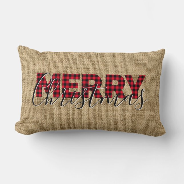 Coussin Rectangle Red Buffalo Plaid and Calligraphy Joyeux Noël (Recto)