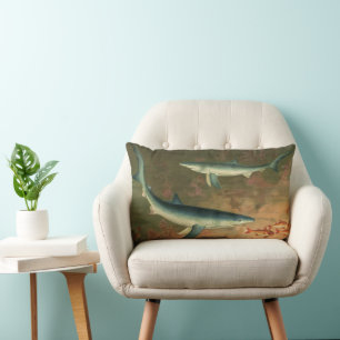 Coussin Rectangle Requins Bleus Mangeant des Poissons, Vieille Vie M