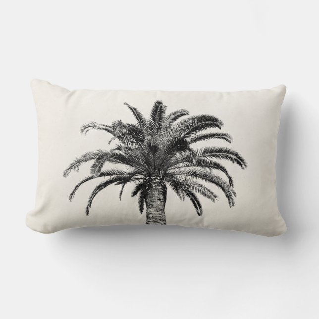 Coussin Rectangle Rétro palmier tropical d'île en noir et blanc (Recto)