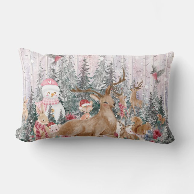 Coussin Rectangle Rinder d'aquarelle rose, Snowman Joyeux Noël (Recto)