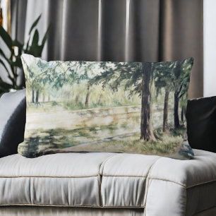 Coussin Rectangle Rivière des arbres verts d'été peinte à la main