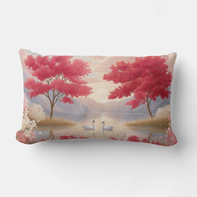 Coussin Rectangle Romantic Swan Lake Pink Blossom Trees Elegant (Recto)