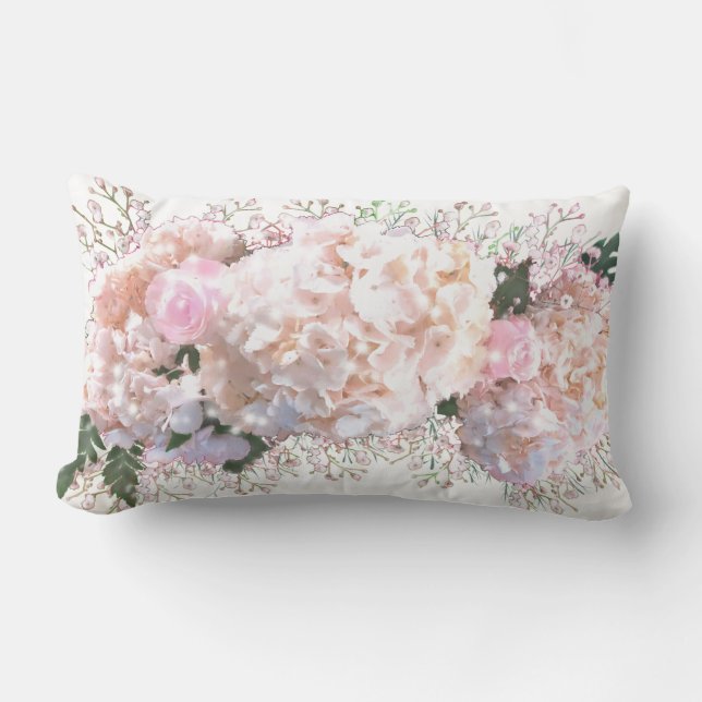 Coussin Rectangle Romantique dentelle blanche hydrangée roses roses (Recto)