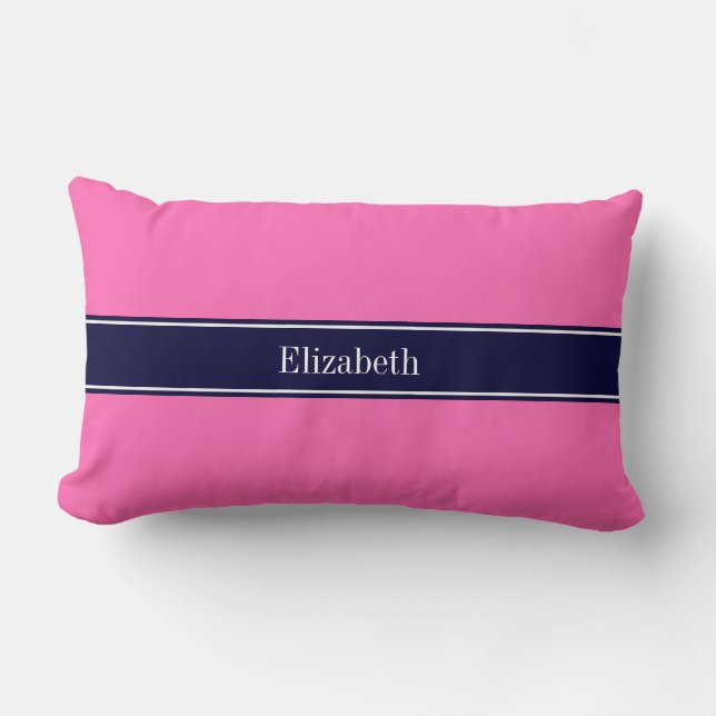 Coussin Rectangle Rose chaud solide #2, Nom du ruban bleu marine Mon (Recto)