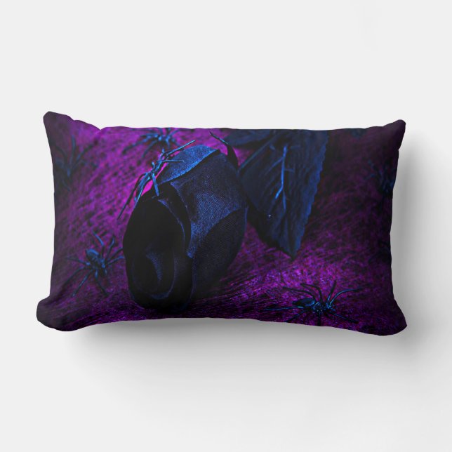 Coussin Rectangle Rose éffrayant en matière noire, araignées noires (Recto)