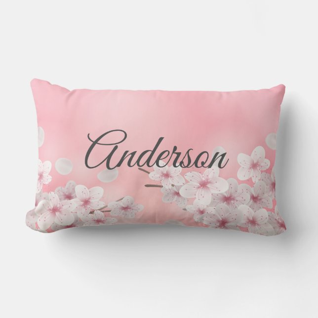 Coussin Rectangle Rose Fleur Fleurs de cerisier Rose Blanc Monogramm (Recto)