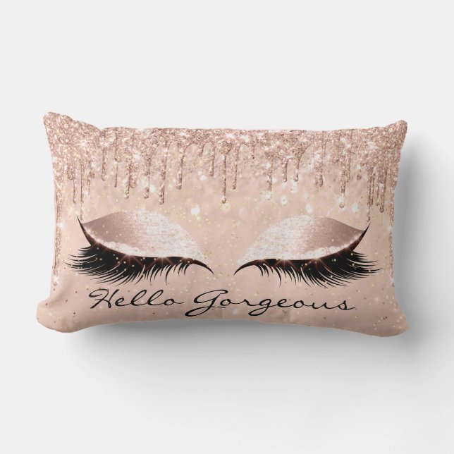 Coussin Rectangle Rose Gold Drips de maquillage cils Bonjour Gorgeou (Recto)