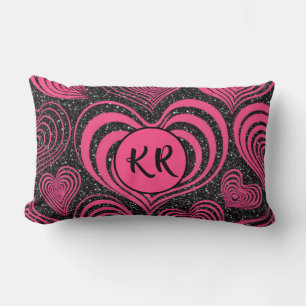 Coussin Rectangle Rose noir Glam Abstrait Cœur Monogramme Initiales
