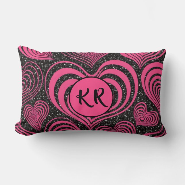 Coussin Rectangle Rose noir Glam Abstrait Cœur Monogramme Initiales (Recto)