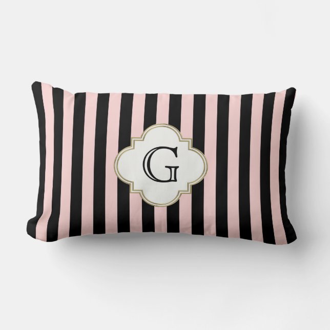 Coussin Rectangle Rose Pâle, Étiquette Monogramme Blanche avec Rayur (Recto)