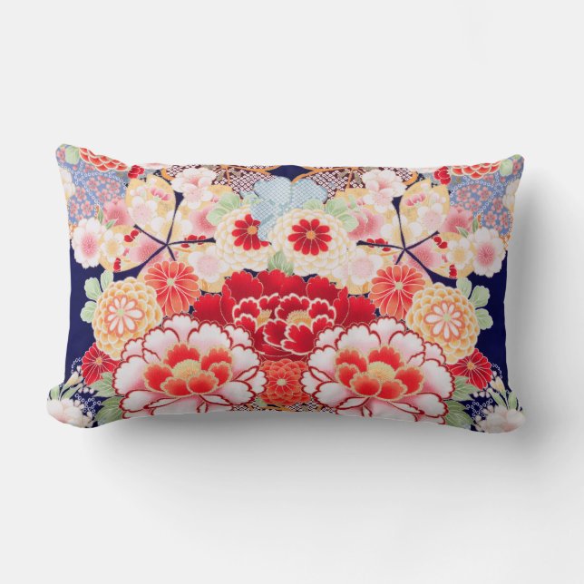 Coussin Rectangle ROSE ROUGE BLANC FLEURS pivoines, Floral japonais  (Recto)