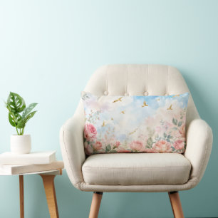 Coussin Rectangle Roses aquarelles rêveuses et oiseaux dorés Fleur A