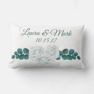 Coussin Rectangle Roses blanches et Foliage Nom du couple Mariage Da
