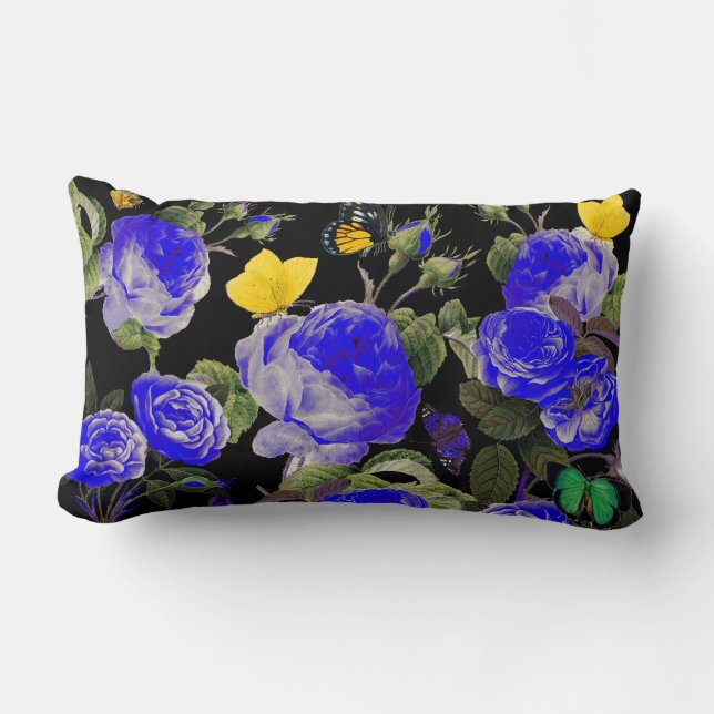 Coussin Rectangle ROSES BLEUS ET BOUTEILLES JAUNES Noirs (Recto)