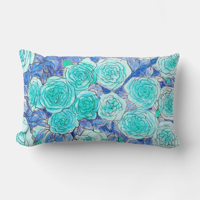 Coussin Rectangle Roses Bleus, Vert Feuille Rose Jardin Fleur été (Recto)