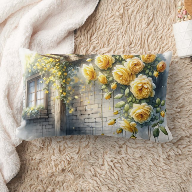 Coussin Rectangle Roses d'or sur le mur en pierre rustique (Couverture)
