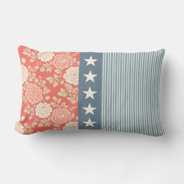 Coussin Rectangle Rouge Blanc Bleu Rayure Impression de Bloc Étoiles (Recto)