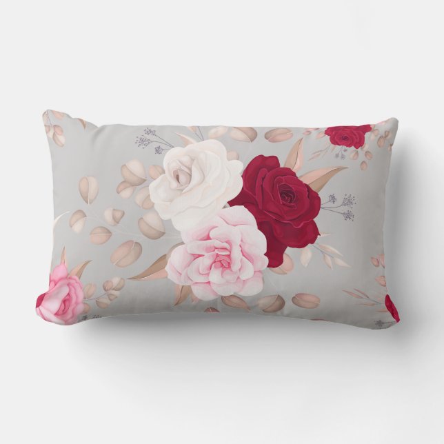 Coussin Rectangle rouge chic, rose floral (Recto)