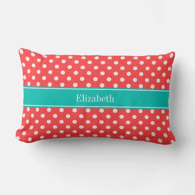 Coussin Rectangle Rouge Corail, Points Blancs Monogramme Teal Nom (Recto)