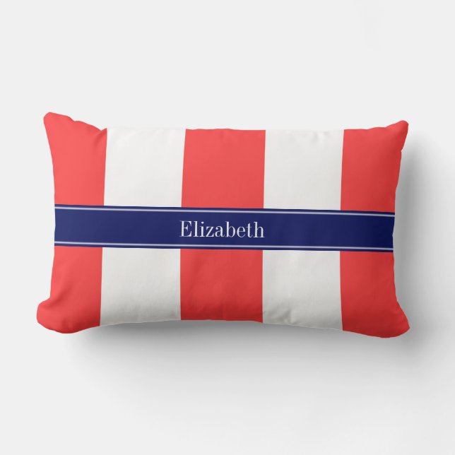 Coussin Rectangle Rouge Corail, Rayures Blanches XL, Monogramme Nom  (Recto)
