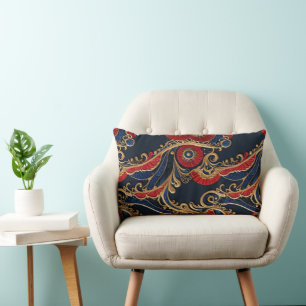 Coussin Rectangle Rouge riche, Marine, Or Flore Scroll