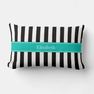 Coussin Rectangle Ruban sarcelle Monogramme Nom Rayure Noir Blanc