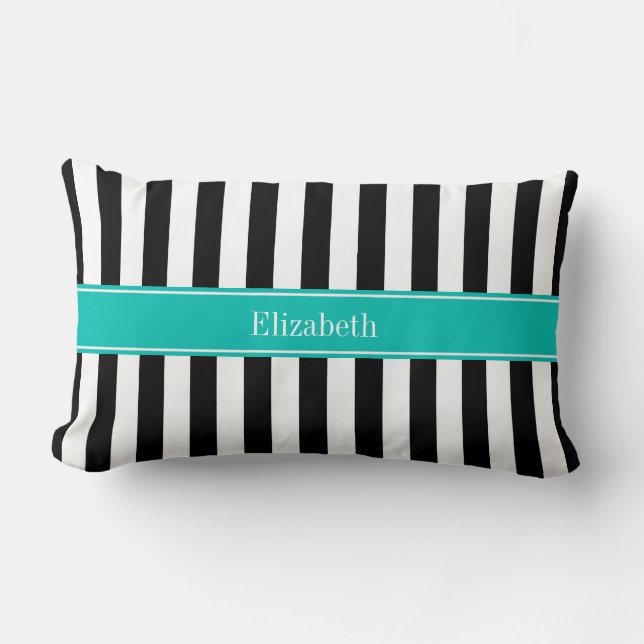 Coussin Rectangle Ruban sarcelle Monogramme Nom Rayure Noir Blanc (Recto)
