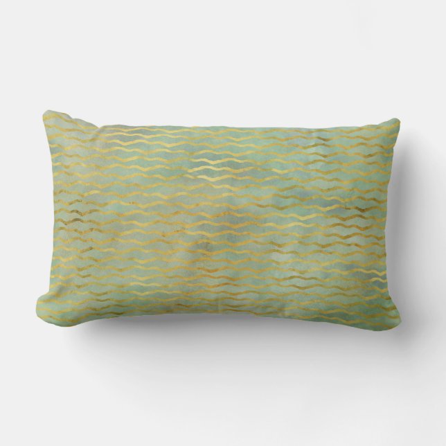 Coussin Rectangle Sage Vert & Or Aquarelle Wave Stripes (Recto)