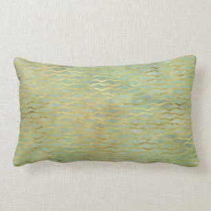 Coussin Rectangle Sage Vert & Or Aquarelle Wave Stripes