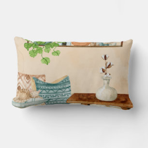 Coussin Rectangle Salon bohème cosy à l'aquarelle