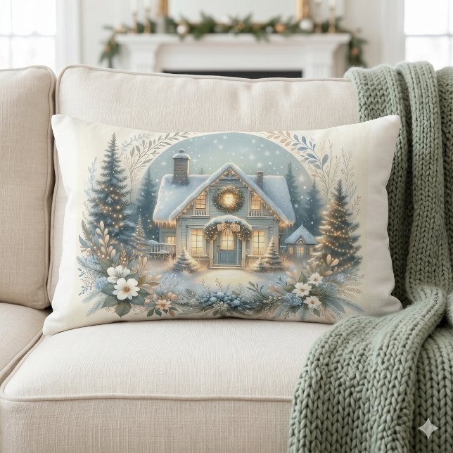 Coussin Rectangle Scène de cabane enneigée lumineuse (Snowy Cottage Glow Scene Lumbar Pillow)