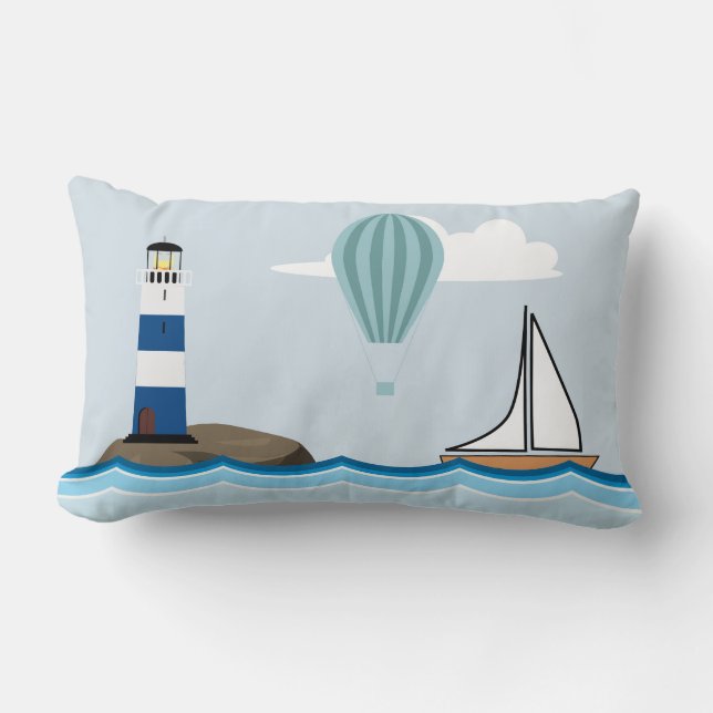 Coussin Rectangle Scene nautical with Lighthouse and Sailboat (Recto)