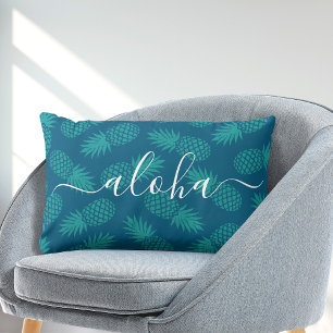 Coussin Rectangle Script Aloha typographie turquoise ananas motif