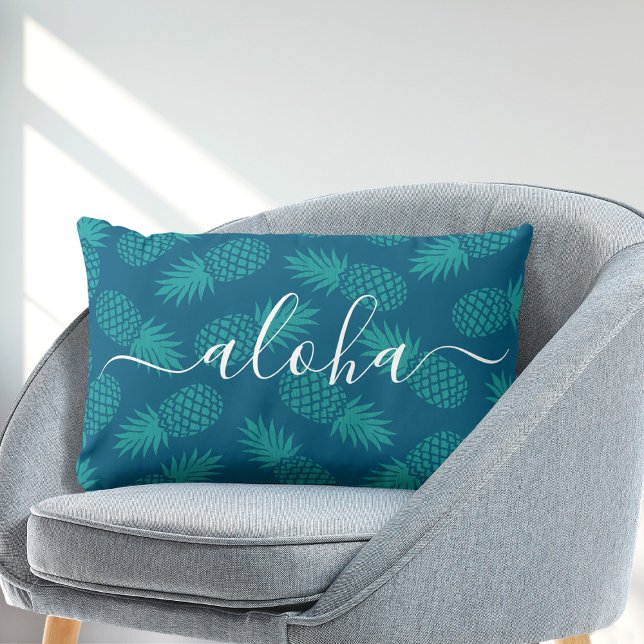 Coussin Rectangle Script Aloha typographie turquoise ananas motif (Créateur téléchargé)