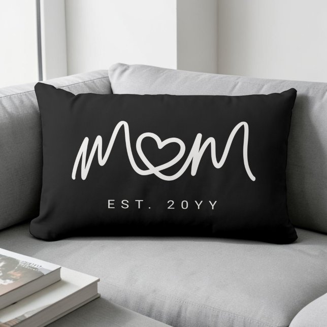 Coussin Rectangle Simple Écriture Blanche Cœur Unique Maman Établie (Simple White Script Unique Heart Mom Established Lumbar Pillow)