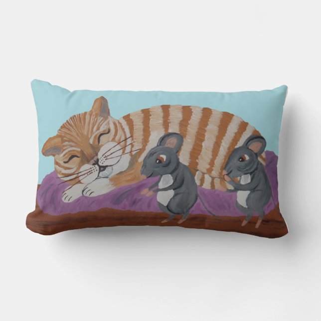 Coussin Rectangle Sleeping Cat with Sneaky Mice Throw Pillow (Recto)