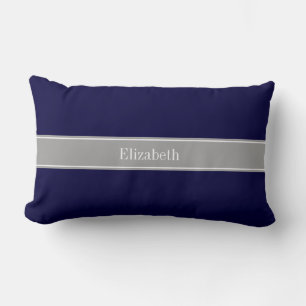 Coussin Rectangle Solid Navy Blue, Dark Gray Ribbon Nom Monogram