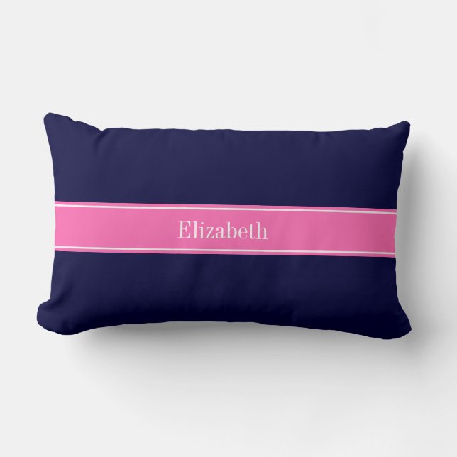 Coussin Rectangle Solid Navy Blue Hot Pink #2 Ribbon Nom Monogram (Recto)